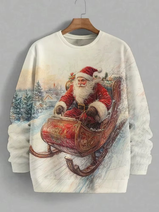Men'S Pullover Vintage Christmas Santa Claus Rides Sleigh in the Snow Town Art Print Casual Sweatshirt Autumn 2025 Holiday Tops