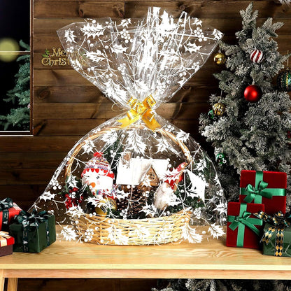 5M White Holly Christmas Hamper Cellophane Wrap, 80Cm Wide Clear Gift Cellophane Wrapping Paper,Eco-Firendly Large Cellophane Christmas Gifts Wrapping for Hampers