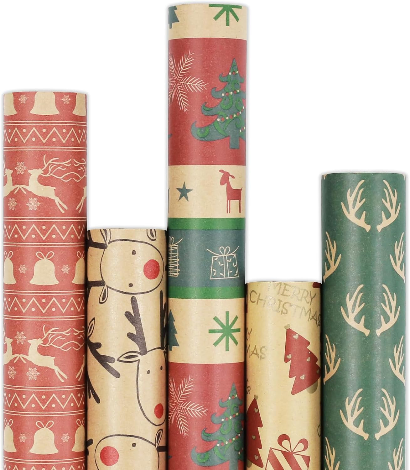 3M X 43Cm Christmas Wrapping Paper Roll, 5 Rolls Recyclable Kraft Paper for Xmas Gift Boxes Decoration (5 Festive Patterns)
