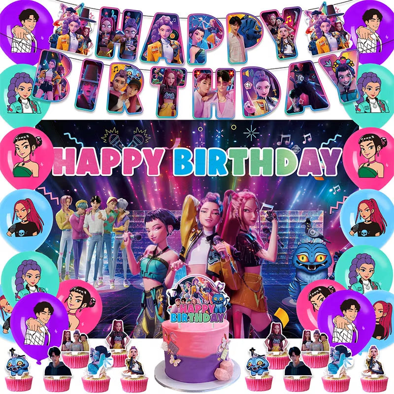 Hot Kpop Demon Birthday Party Decoration Huntrix Kpop Anime Birthday Party Supplies Hunter Group Cake Topper Balloons Decor Sets