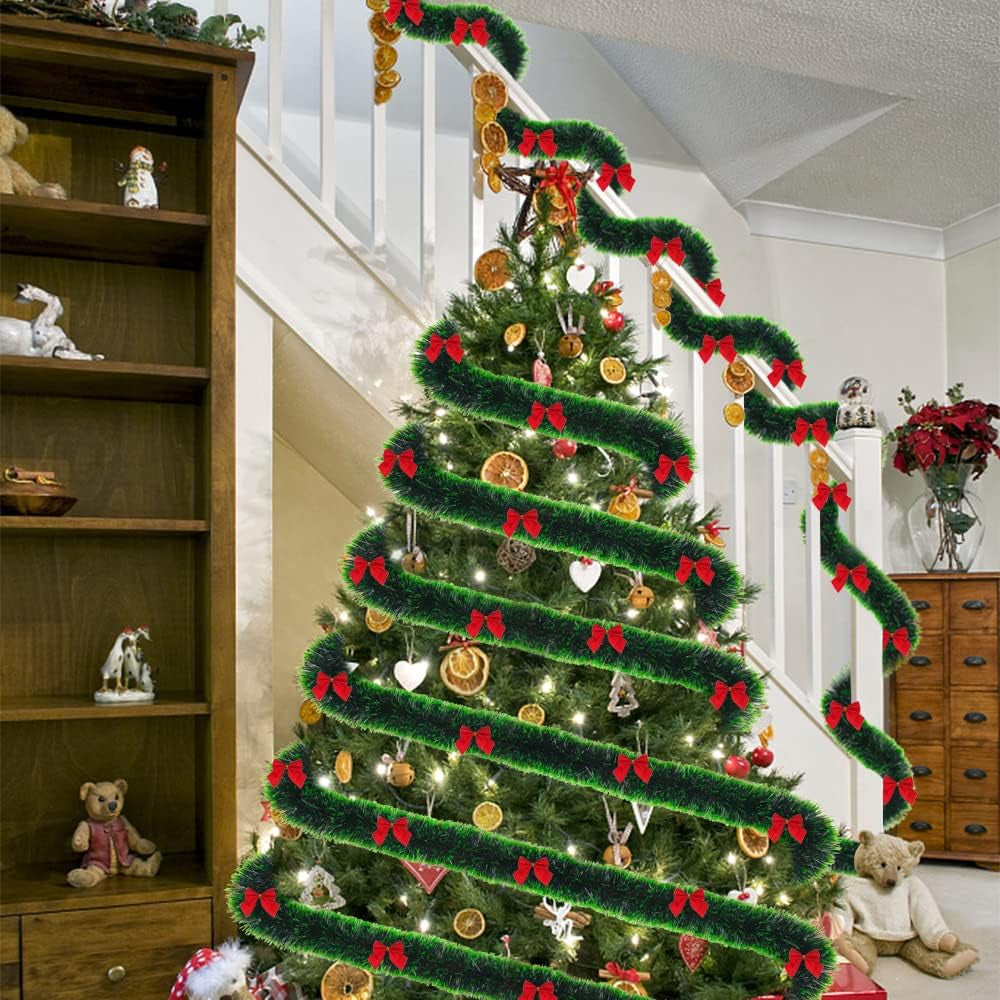 10M Christmas Garland Decorations, Xmas Garland with Bow Ornament for Fireplace Stairs Banister Indoor Outdoor Xmas Tree Decoration
