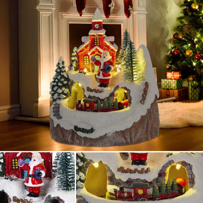 Christmas Village Decoration with Moving Train & Santa Claus - LED Light-Up Musical Indoor Holiday Display Church House Theme