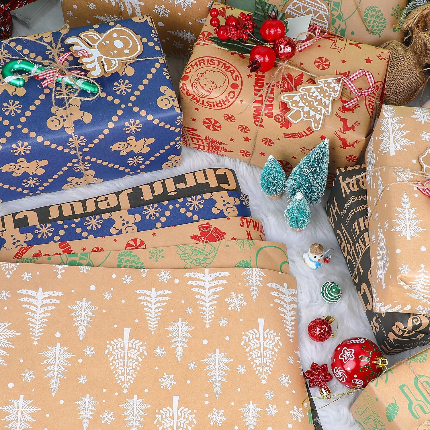 Christmas Wrapping Paper - Kraft Paper - 5 X 3M Xmas Wrapping Paper Rolls for Gifts Boxes Festival Winter Decorations - 43.2 Wide