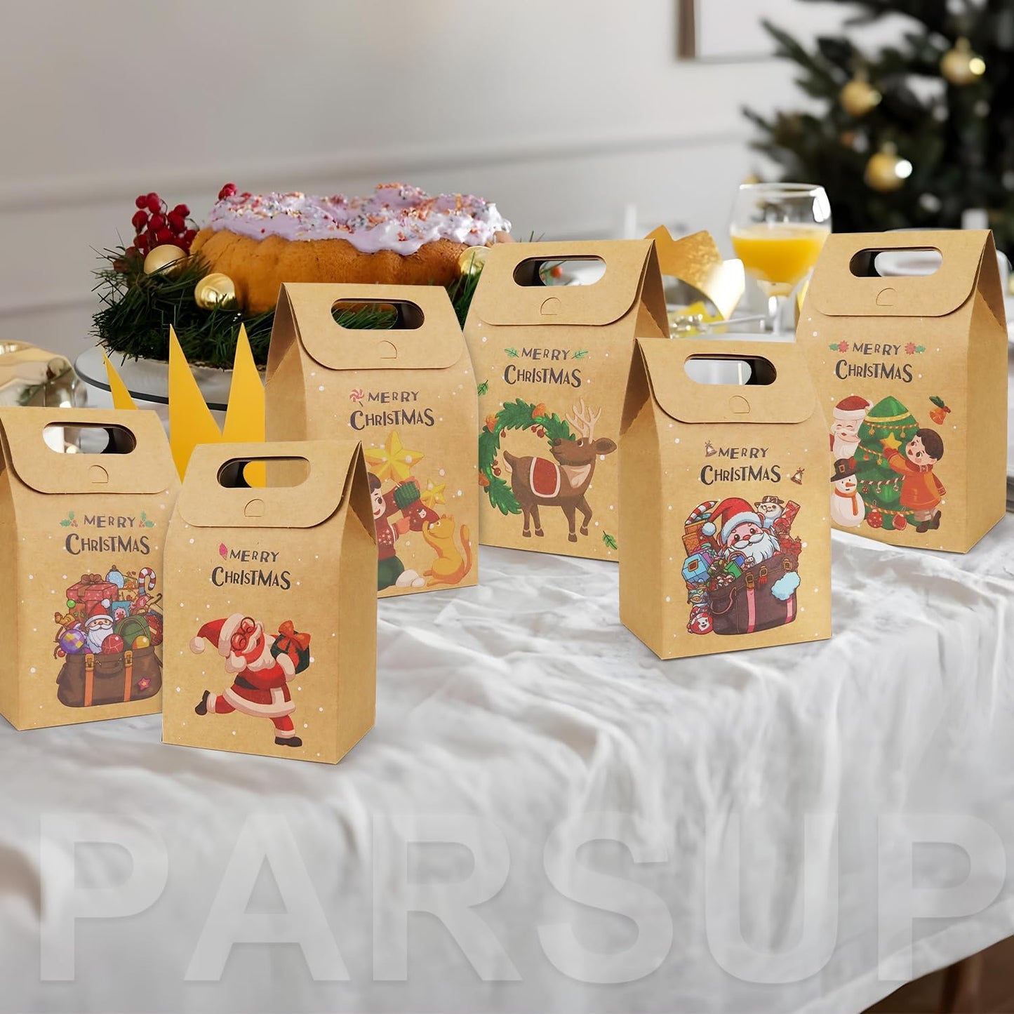 30Pcs Christmas Kraft Gift Bags, Christmas Candy Cookie Treats Party Paper Boxes Bags Assorted Styles Christmas New Year Holiday Party Treat Candy Supplies Presents