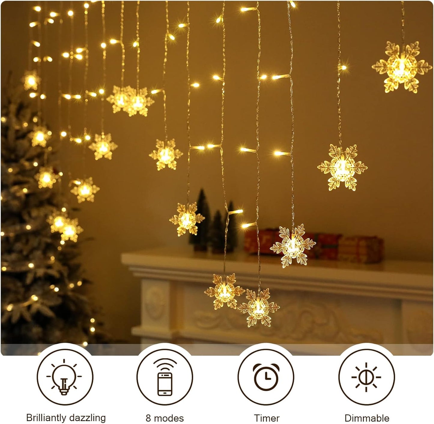 Christmas Window Lights 2M X 1M 104 Leds Snowflakes Curtain Fairy Light Xmas Decoration Icicle Lights Indoor Party Bedroom