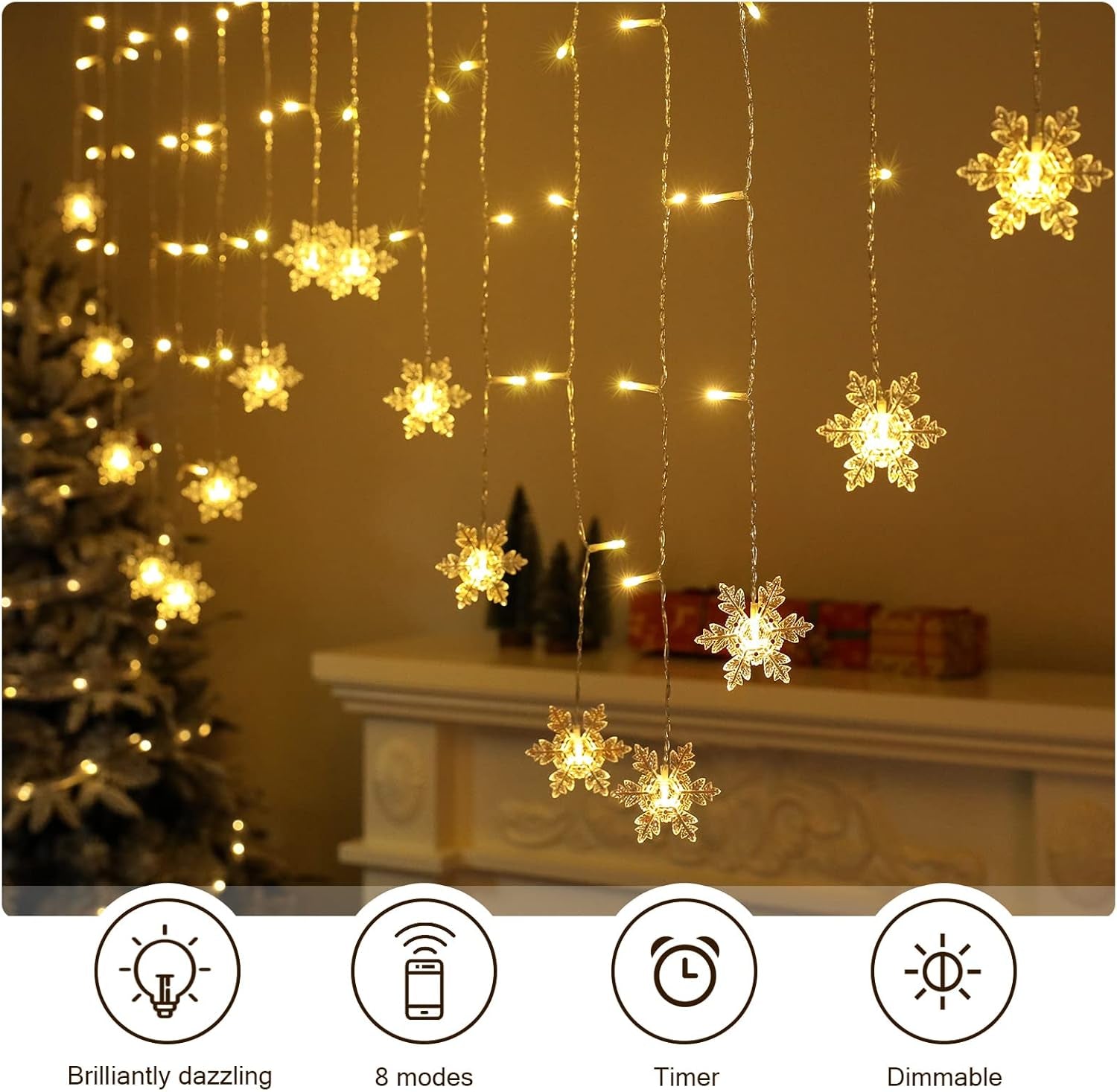 Christmas Window Lights 2M X 1M 104 Leds Snowflakes Curtain Fairy Light Xmas Decoration Icicle Lights Indoor Party Bedroom