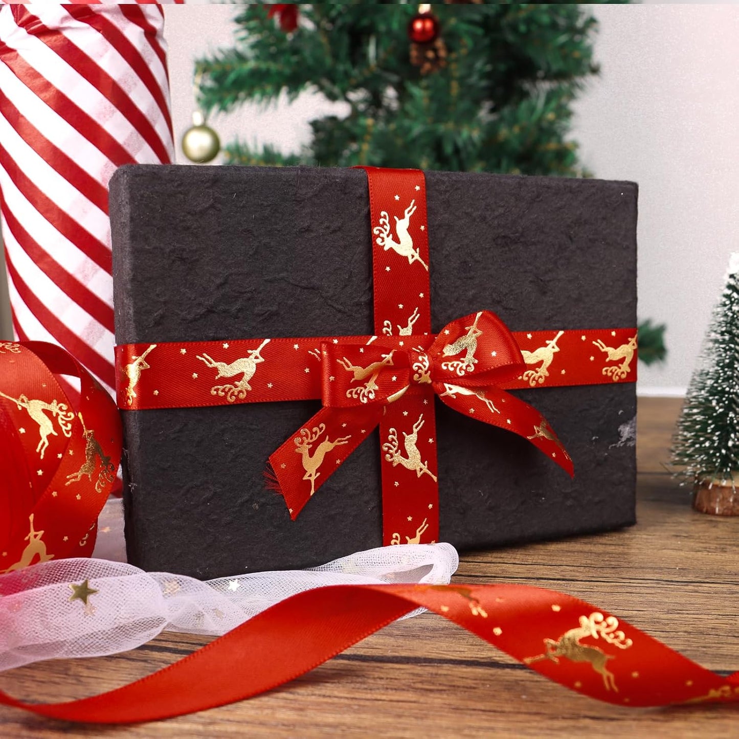 20Mm 25 Yards Red Christmas Ribbons Roll Gold Reindeer Ribbon for Christmas Crafts Gift Wrapping Xmas Present Packaging Decorations