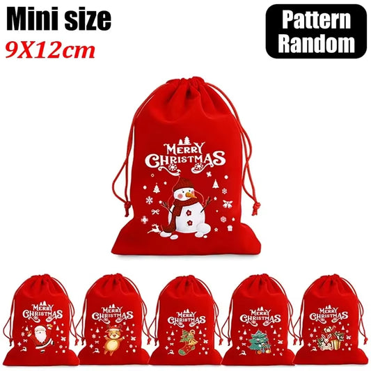 20/1Pcs Red Christmas Velvet Bags Drawstring Santa Gift Pouch Candy Snack Wrapping Bag Christmas Wedding Party Favors Decoration