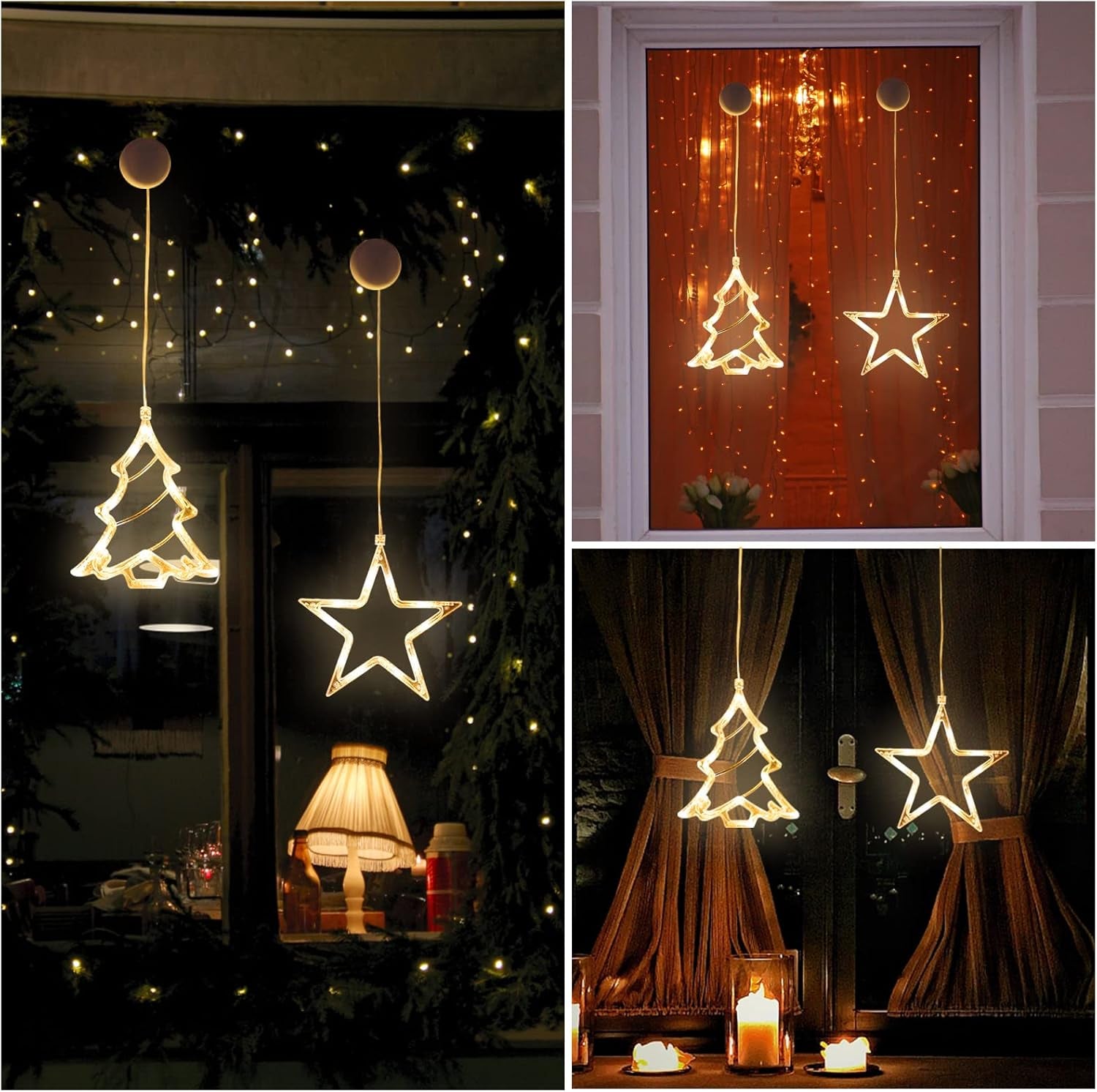 LED Christmas Window Light Stars and Christmas Tree, Twinkle Curtain Light Timer, Hanging Lights for Party Shop Window Xmas Decoration, Outdoor Indoor, Battery Powered(Warm Light)