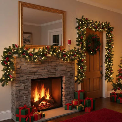 Christmas Garland Wreath with Pinecones Red Berries, Artificial LED Rattan Decoration for Xmas Tree, Stairs, Door, Home Decor