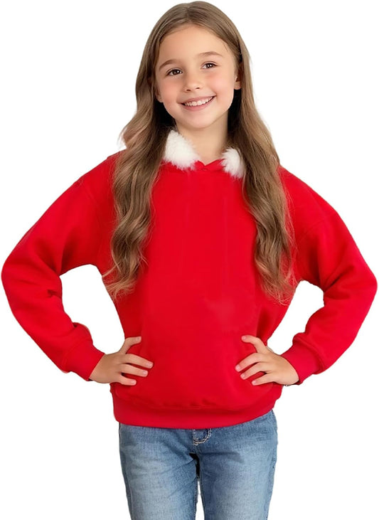 Kids Christmas Hoodie for Girls Red Hooded Sweatshirt Xmas Pullover Long Sleeve Solid Top Teen Clothes
