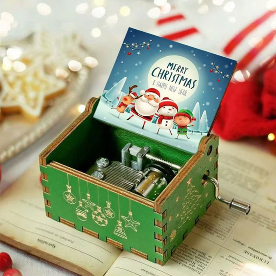 HOT Merry Christmas Music Box Wooden Antique Carved Hand Cranked Classic Theme Music for Birthday Party Gifts Family Decoration