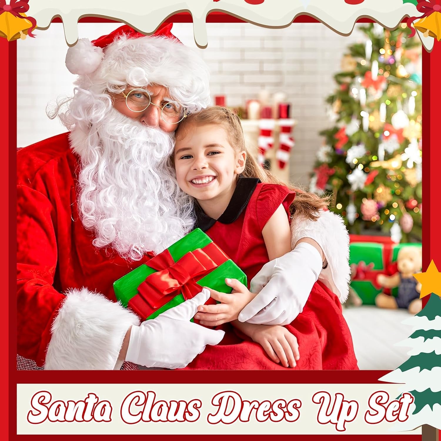 8Pcs Santa Claus Costume Accessories, Christmas Dress up Kit with Santa Hat Beard Wig Gloves Glasses Inflatable Candy Cane and Present Bag for Festive Family Gatherings Xmas Party