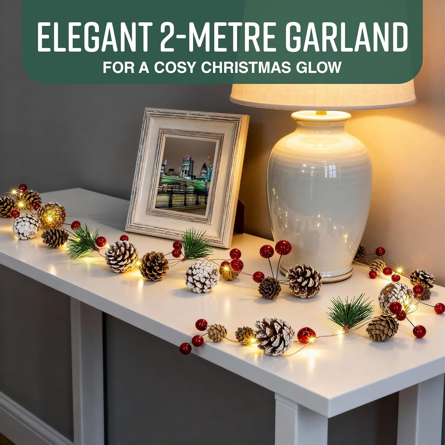 2M Christmas Garland with 20 LED Lights – Pre-Lit Decoration for Fireplace, Stairs, and Indoor Home Décor – Xmas Garland for Christmas Decorations