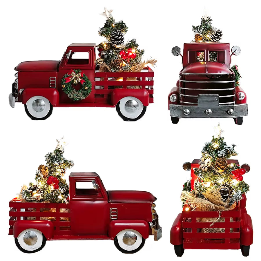 Red Christmas Truck, Warm White Twinkling Lights, Christmas Decorations, Farmhouse Pickup Truck, Truck with Christmas Tree