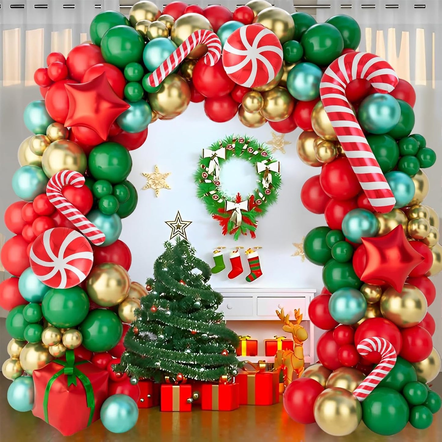 Christmas Balloons Garland Arch Kit, 154Pcs Christmas Garland with Red Green Gold Candy Cane Balloons Red Star Balloon Foil Balloon Arch for Xmas Party Decoration Supplies,Xmas Decorations for Indoors