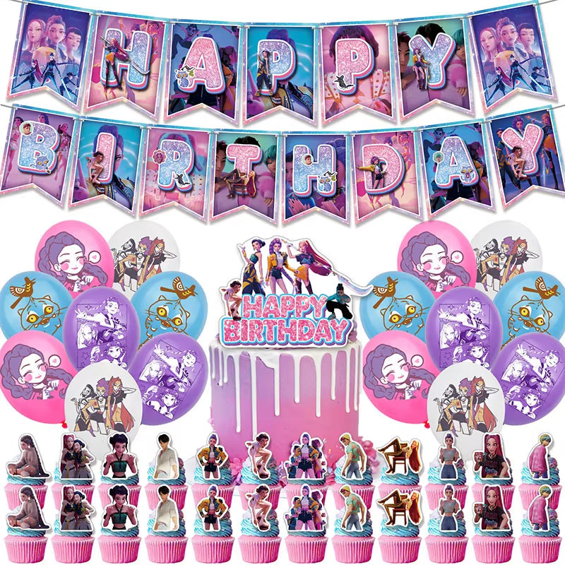 Hot Kpop Demon Birthday Party Decoration Huntrix Kpop Anime Birthday Party Supplies Hunter Group Cake Topper Balloons Decor Sets