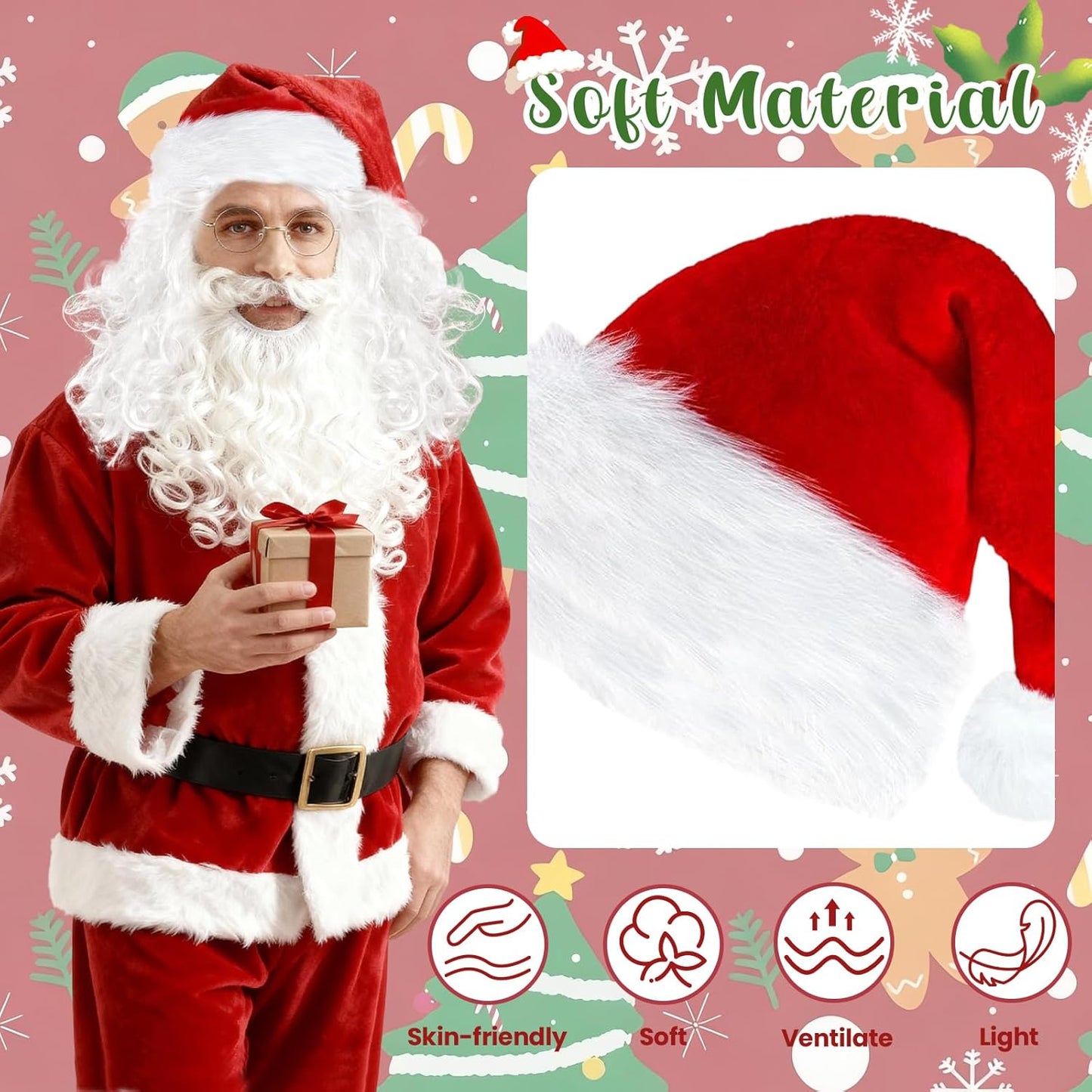 3/4 Pcs Santa Costume Adult Accessories, Christmas Santa Claus Costume Set with Santa Beard and Wig Santa Hat Santa Glasses, Santa Outfit Supplies for Xmas Carnival