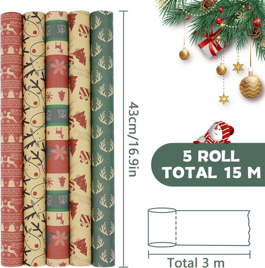 3M X 43Cm Christmas Wrapping Paper Roll, 5 Rolls Recyclable Kraft Paper for Xmas Gift Boxes Decoration (5 Festive Patterns)
