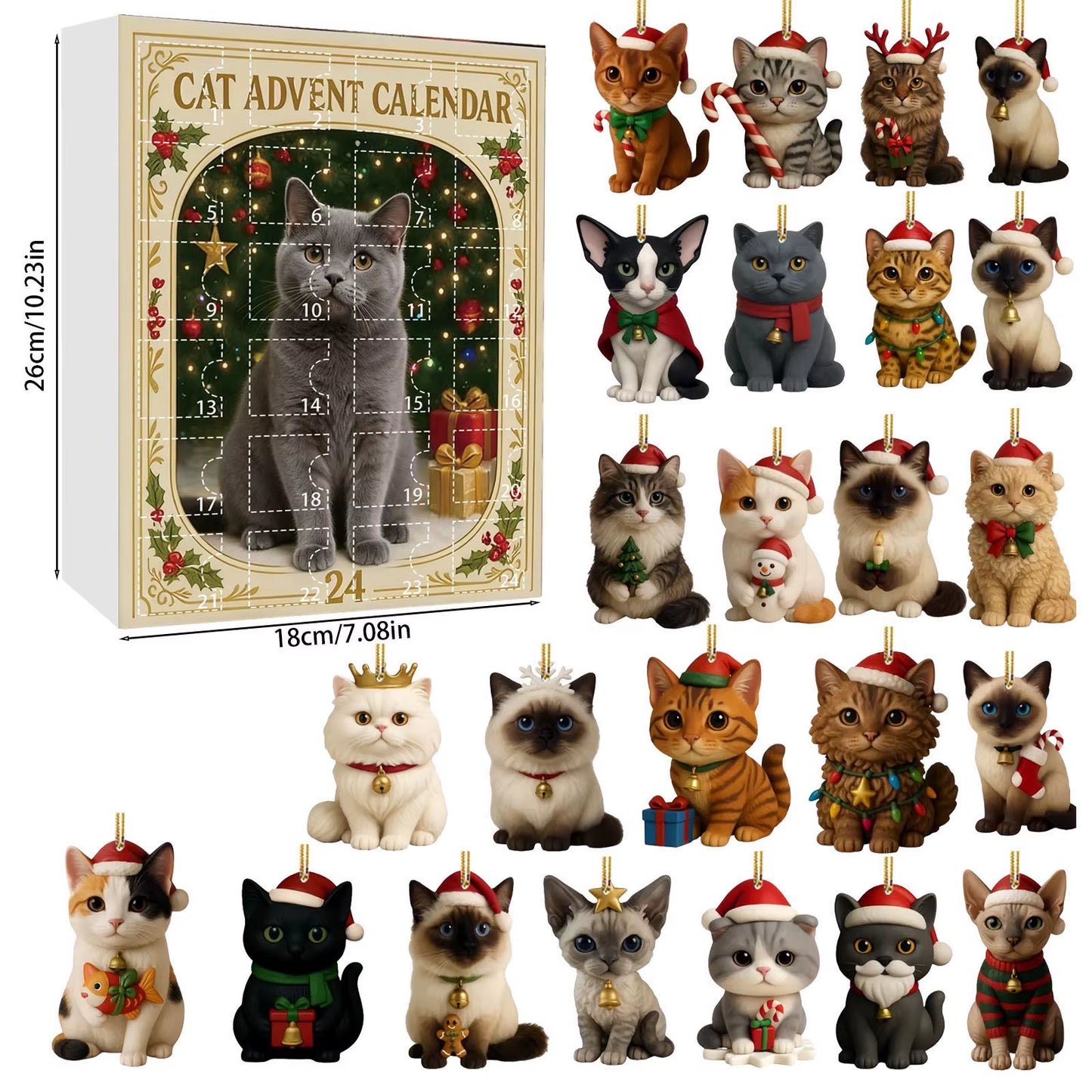 Cat Advent Calendar 2025 24 Days Christmas Countdown with 24 Different Breeds 2D Acrylic Cute Kitten Christmas Tree Ornaments