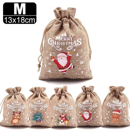 30/1Pcs Christmas Drawstring Bag Santa Claus Snowman Linen Candy Gift Packaging Bags Xmas Favor Bracelet Jewelry Storage Pouch