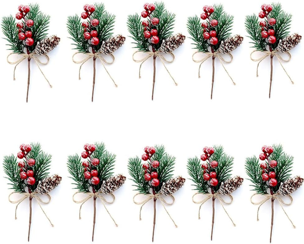 10 Pcs Christmas Picks and Sprays,Artificial Holly Stem and Red Berry,Pine Cones and Pine Branches,Red Berries Christmas Decorations,Greenery Tree Picks for Birthday Wedding Decor
