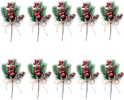 10 Pcs Christmas Picks and Sprays,Artificial Holly Stem and Red Berry,Pine Cones and Pine Branches,Red Berries Christmas Decorations,Greenery Tree Picks for Birthday Wedding Decor
