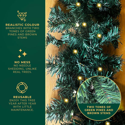 Christmas Garland with Lights 2.7M / 9FT – Pre-Lit Christmas Decoration with 70 Warm White Leds – Extra Thick Artificial Green Garland for Fireplace, Stairs, Doors & Table Décor (With Lights, 2.7M)