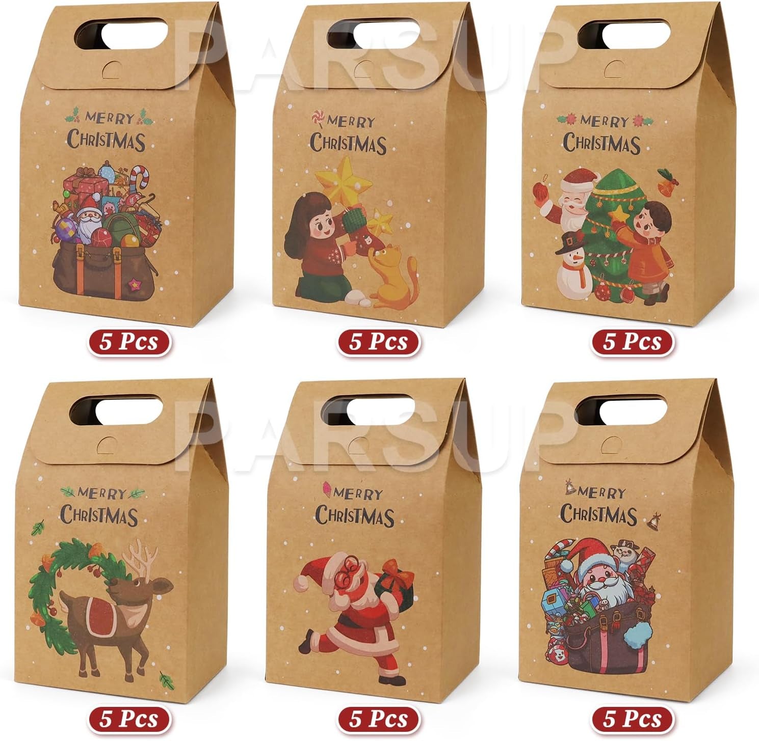 30Pcs Christmas Kraft Gift Bags, Christmas Candy Cookie Treats Party Paper Boxes Bags Assorted Styles Christmas New Year Holiday Party Treat Candy Supplies Presents