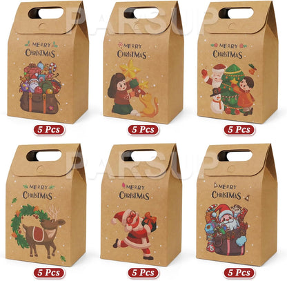 30Pcs Christmas Kraft Gift Bags, Christmas Candy Cookie Treats Party Paper Boxes Bags Assorted Styles Christmas New Year Holiday Party Treat Candy Supplies Presents