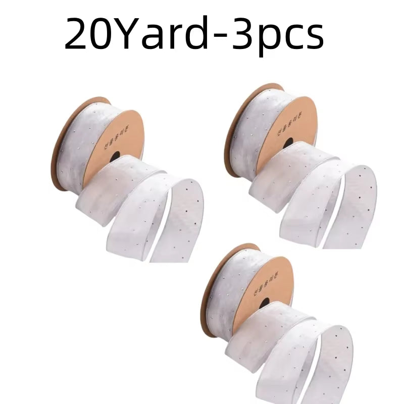 20Yards 4CM Silver Dots Organza Gauze Packaging Ribbon Tape Flower Gift Box Wrap Bow DIY Wedding Christmas Party Decoration