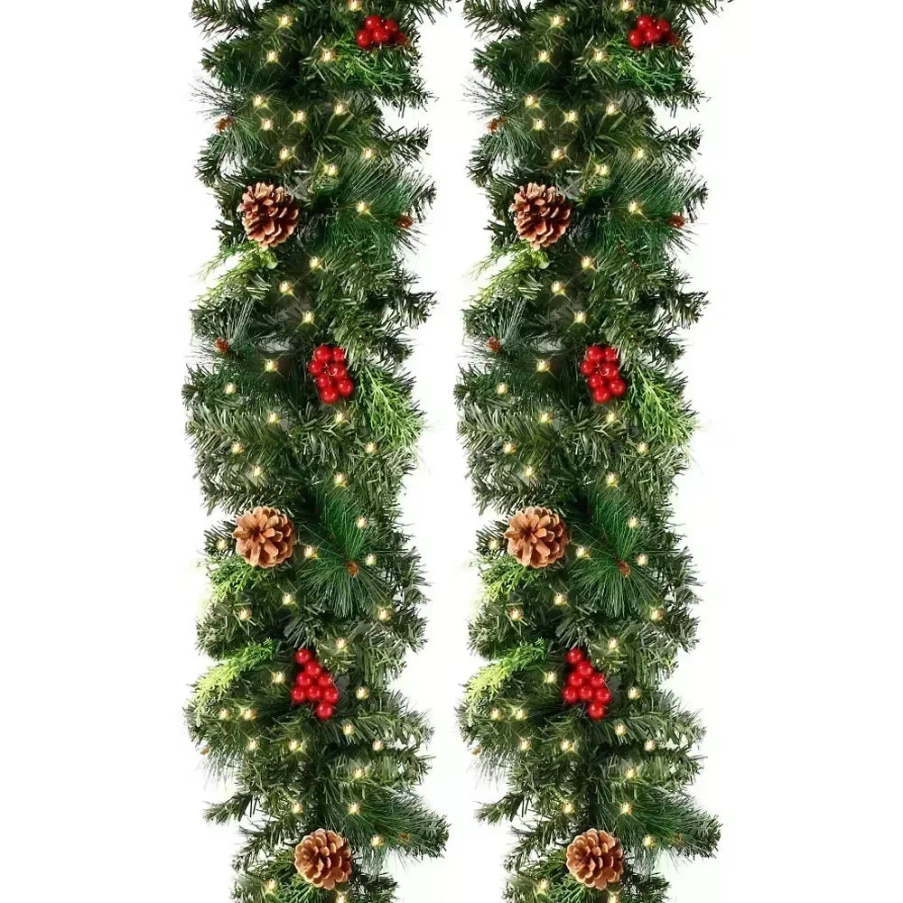Christmas Garland Wreath with Pinecones Red Berries, Artificial LED Rattan Decoration for Xmas Tree, Stairs, Door, Home Decor