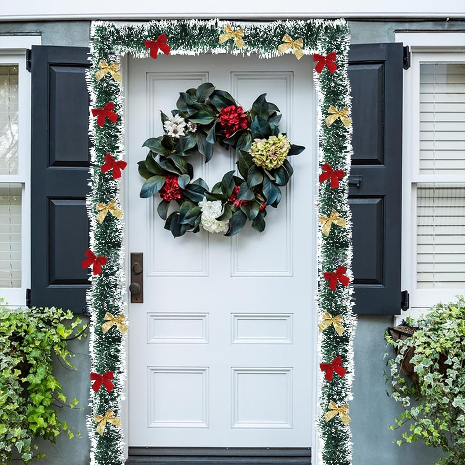 39 Feet Christmas Tinsel Garlands Decoration Christmas Tree Tinsel with 24 Red Bows, 24 Gold Bows and String Lights - Xmas Tinsel Garland for Festive Decor, Indoor and Outdoor Use