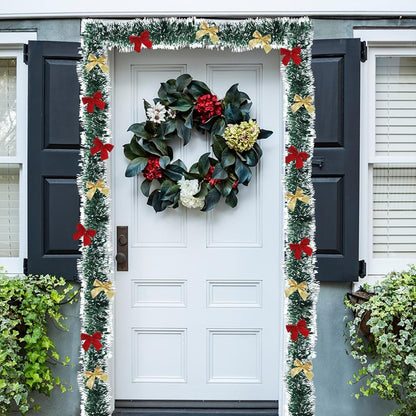39 Feet Christmas Tinsel Garlands Decoration Christmas Tree Tinsel with 24 Red Bows, 24 Gold Bows and String Lights - Xmas Tinsel Garland for Festive Decor, Indoor and Outdoor Use