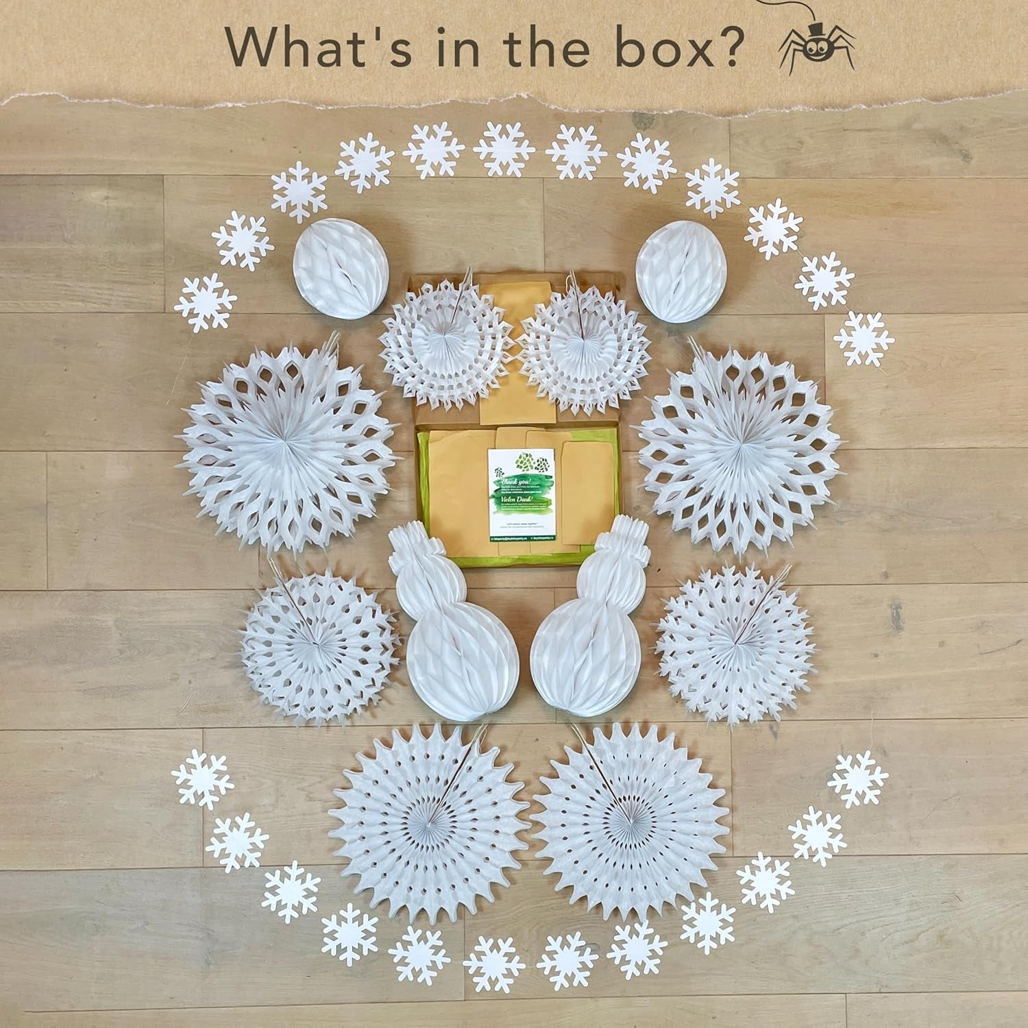 Premium Reusable Paper Christmas Decorations - White Christmas Decorations with Velcro Fasteners - Honeycomb Paper Snowflakes, Snowmen, Snowballs, and Snowflake Garlands - Winter Wonderland Decor