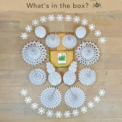 Premium Reusable Paper Christmas Decorations - White Christmas Decorations with Velcro Fasteners - Honeycomb Paper Snowflakes, Snowmen, Snowballs, and Snowflake Garlands - Winter Wonderland Decor