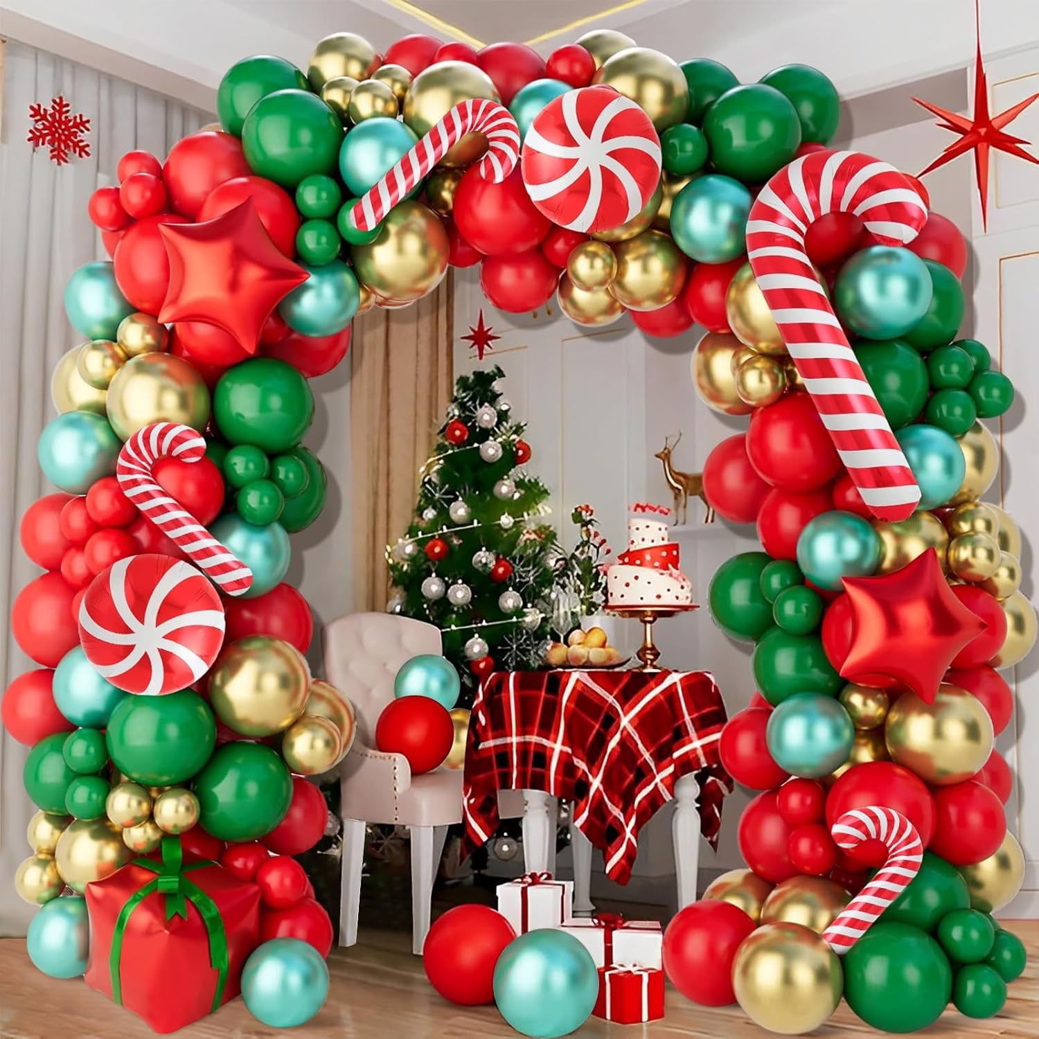 Christmas Balloons Garland Arch Kit, 154Pcs Christmas Garland with Red Green Gold Candy Cane Balloons Red Star Balloon Foil Balloon Arch for Xmas Party Decoration Supplies,Xmas Decorations for Indoors