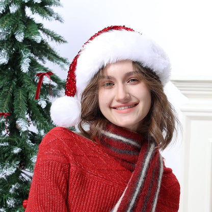 Red Santa Hat Christmas Hat for Adult Luxury Plush Xmas Hat with a Pompom for Men and Women,Red