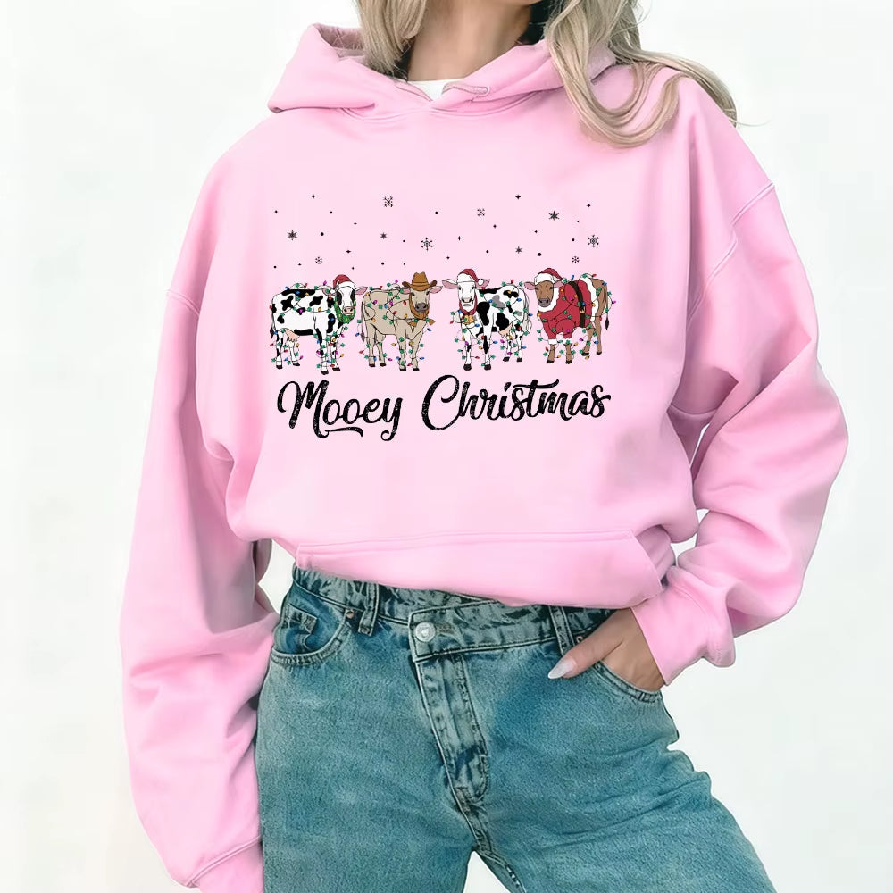 Christmas Cow Sweatshirt Cow Lover Gift Funny Holiday Sweater Farm Christmas Hoodies Tops Womens Winter Long Sleeve Anime Hoodie