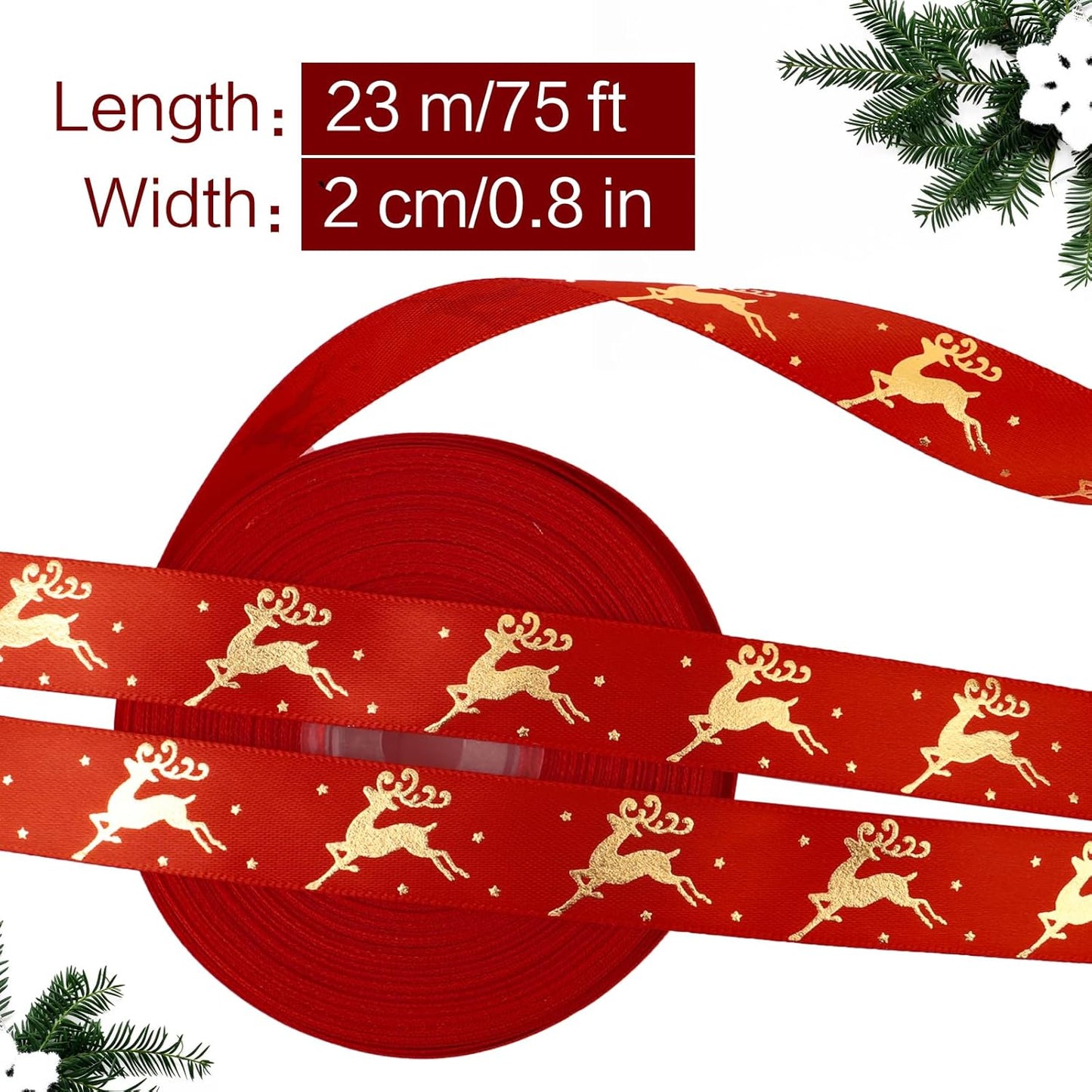 20Mm 25 Yards Red Christmas Ribbons Roll Gold Reindeer Ribbon for Christmas Crafts Gift Wrapping Xmas Present Packaging Decorations