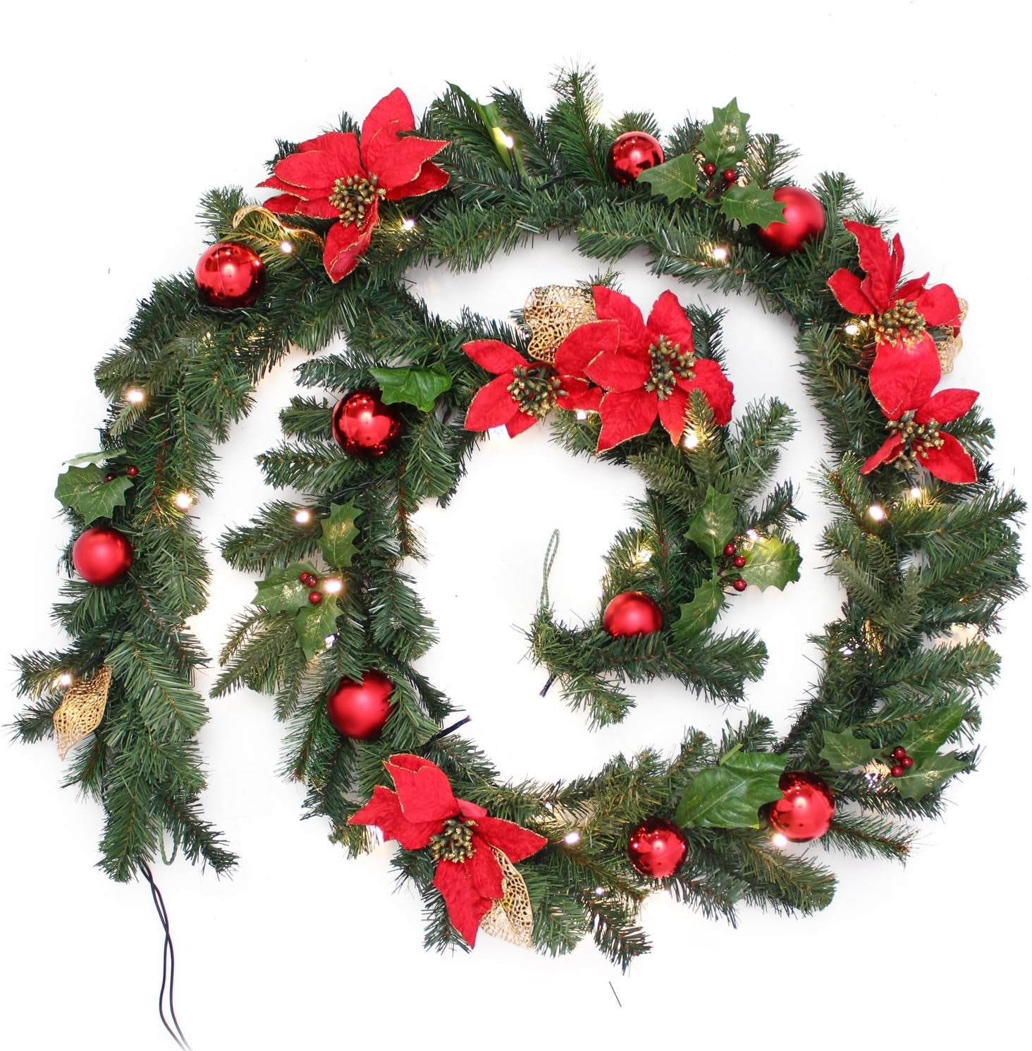 Pre-Lit Decorated Garland Illuminated with 40 Warm White LED Lights, 9 Feet - Red/Gold