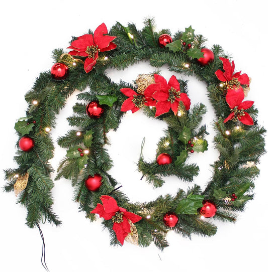 Pre-Lit Decorated Garland Illuminated with 40 Warm White LED Lights, 9 Feet - Red/Gold