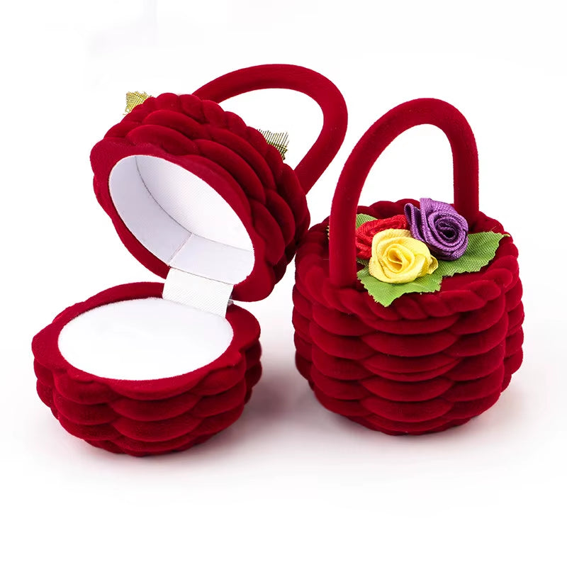 1 Piece Cute Flower Basket Velvet Wedding Engagement Ring Box Gift Box Holder for Earrings Necklace Display Jewelry Case