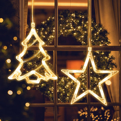 LED Christmas Window Light Stars and Christmas Tree, Twinkle Curtain Light Timer, Hanging Lights for Party Shop Window Xmas Decoration, Outdoor Indoor, Battery Powered(Warm Light)