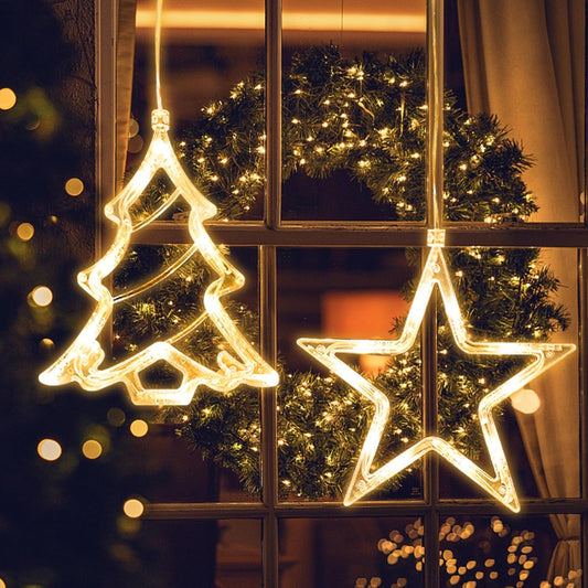 LED Christmas Window Light Stars and Christmas Tree, Twinkle Curtain Light Timer, Hanging Lights for Party Shop Window Xmas Decoration, Outdoor Indoor, Battery Powered(Warm Light)