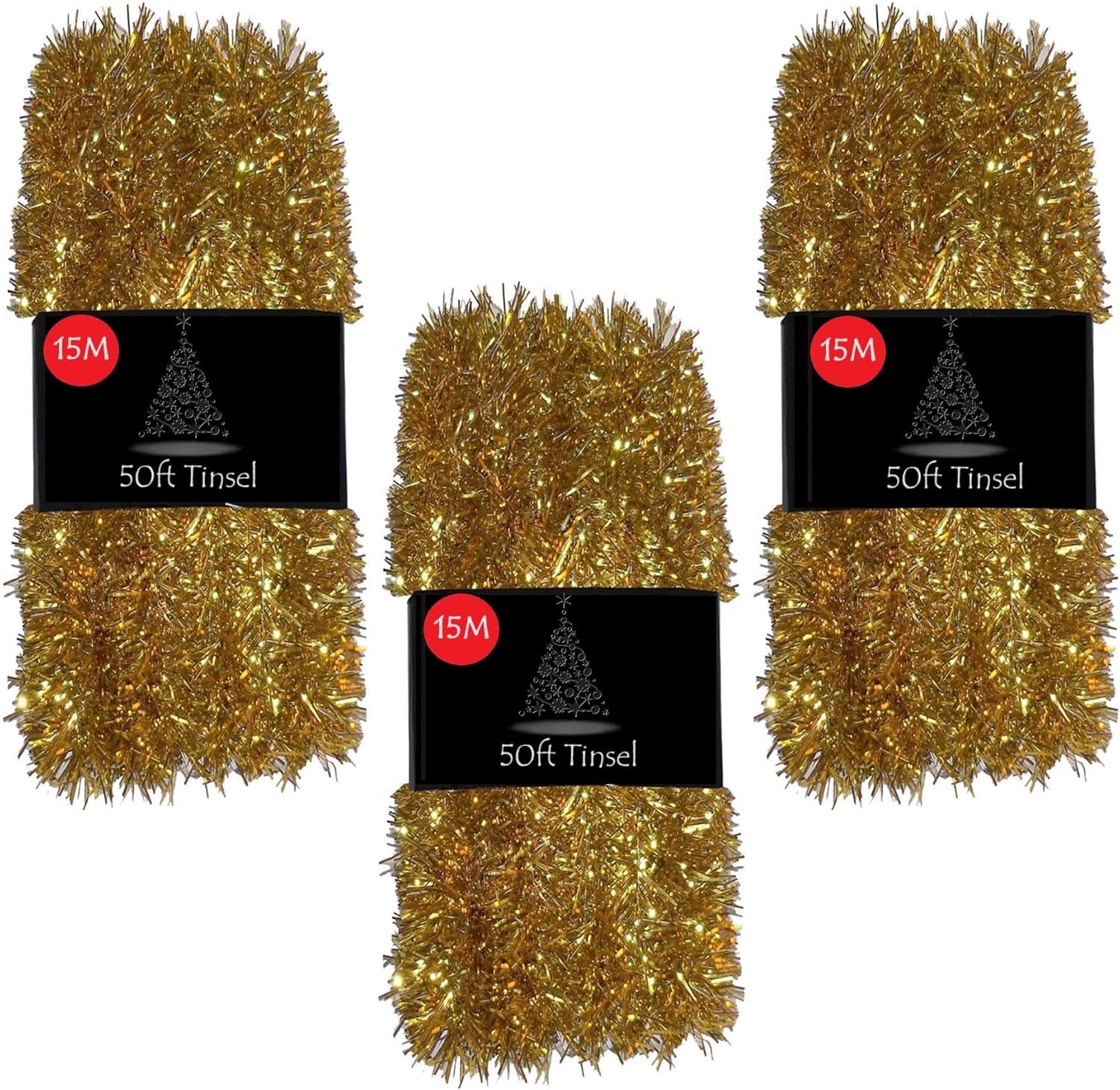 50Ft Tinsel Garland for Christmas Tree Decorations Xmas Thick Metallic Sparkly Foil Long Wide Stairs Crafts (Gold)