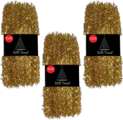 50Ft Tinsel Garland for Christmas Tree Decorations Xmas Thick Metallic Sparkly Foil Long Wide Stairs Crafts (Gold)