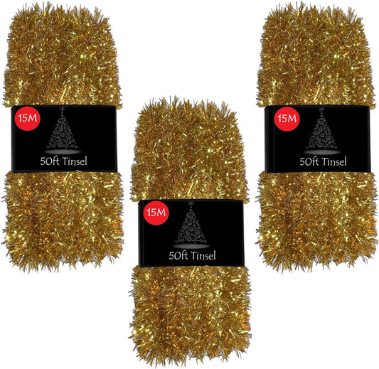 50Ft Tinsel Garland for Christmas Tree Decorations Xmas Thick Metallic Sparkly Foil Long Wide Stairs Crafts (Gold)
