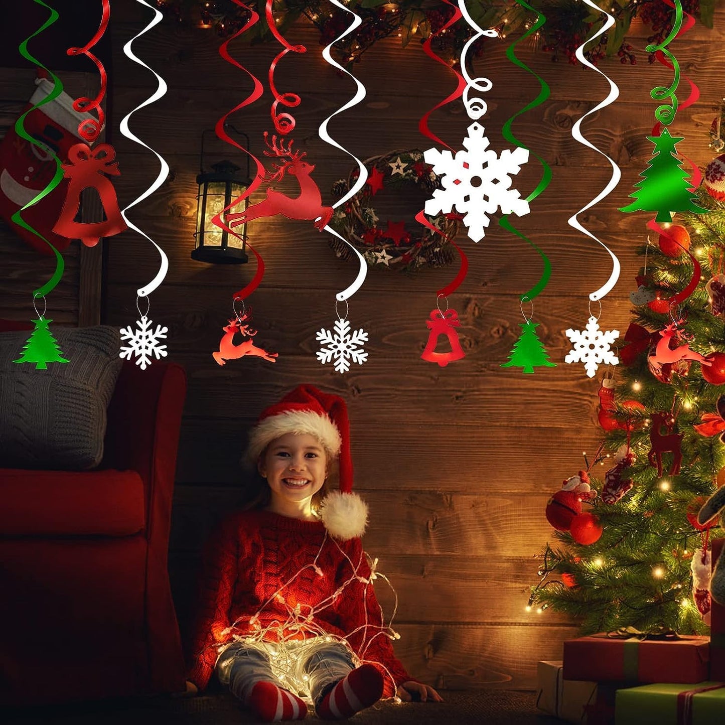 30PCS Christmas Ceiling Decorations, Christmas Hanging Decorations Indoor, Christmas Hanging Swirls Decorations, Christmas Tree, Bell, Reindeer, Snowflake for Birthday Holiday Party Décor