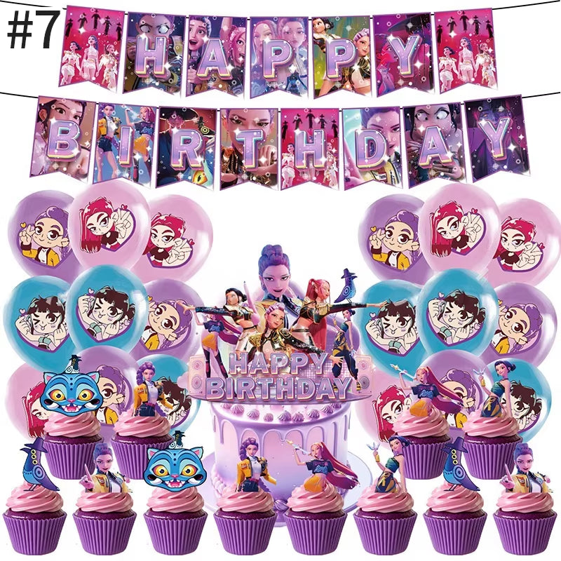 Hot Kpop Demon Birthday Party Decoration Huntrix Kpop Anime Birthday Party Supplies Hunter Group Cake Topper Balloons Decor Sets